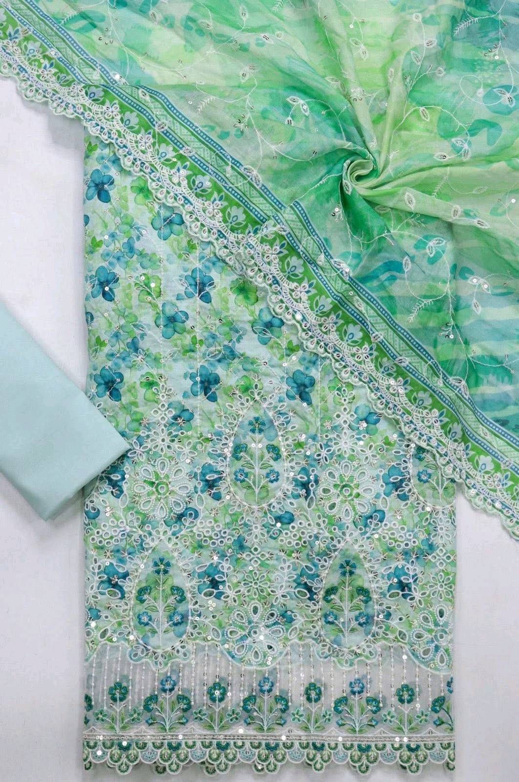 Mint Floral Embroidered Unstitched Ladies Suit