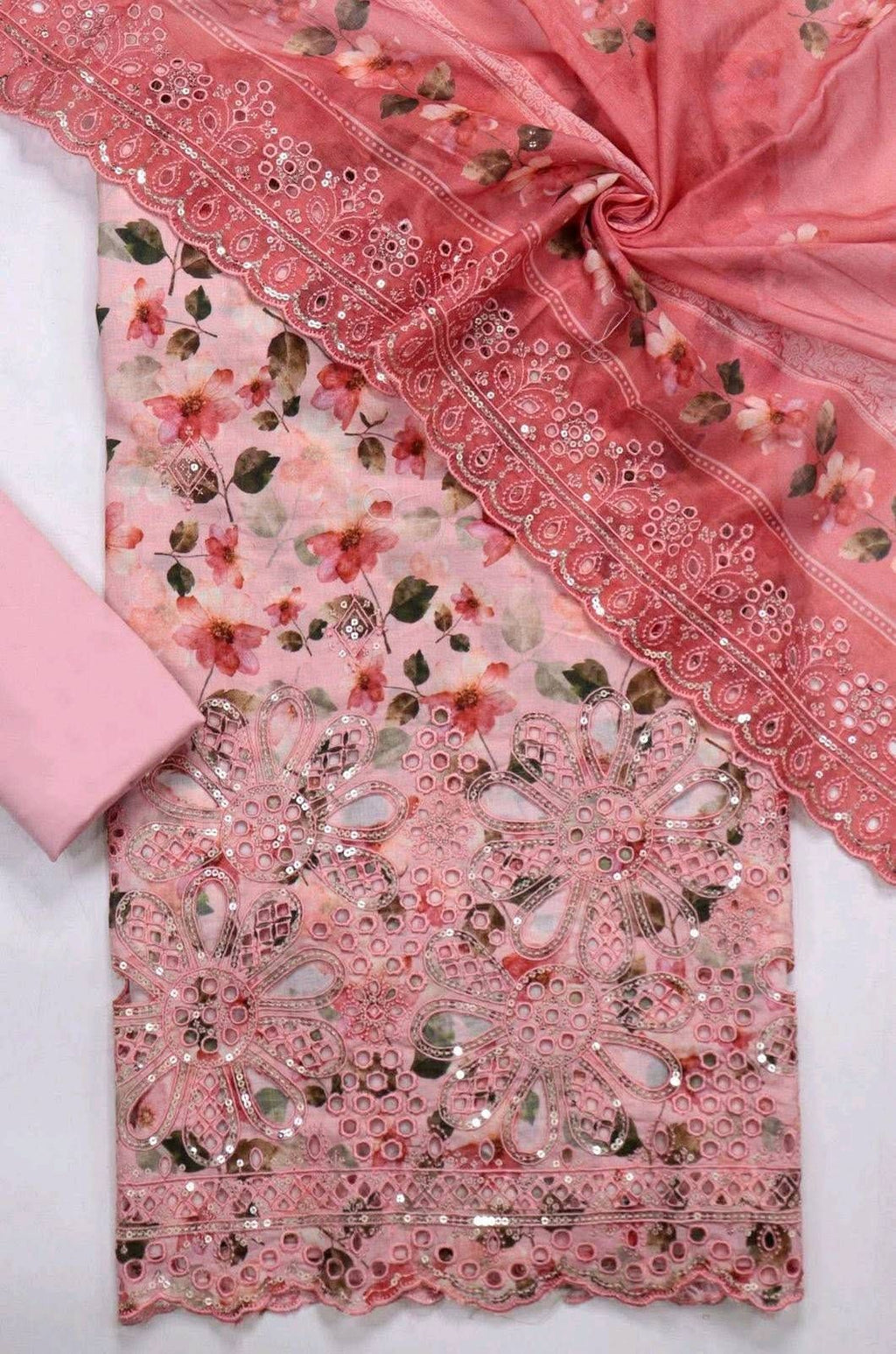 Mint Floral Embroidered Unstitched Ladies Suit