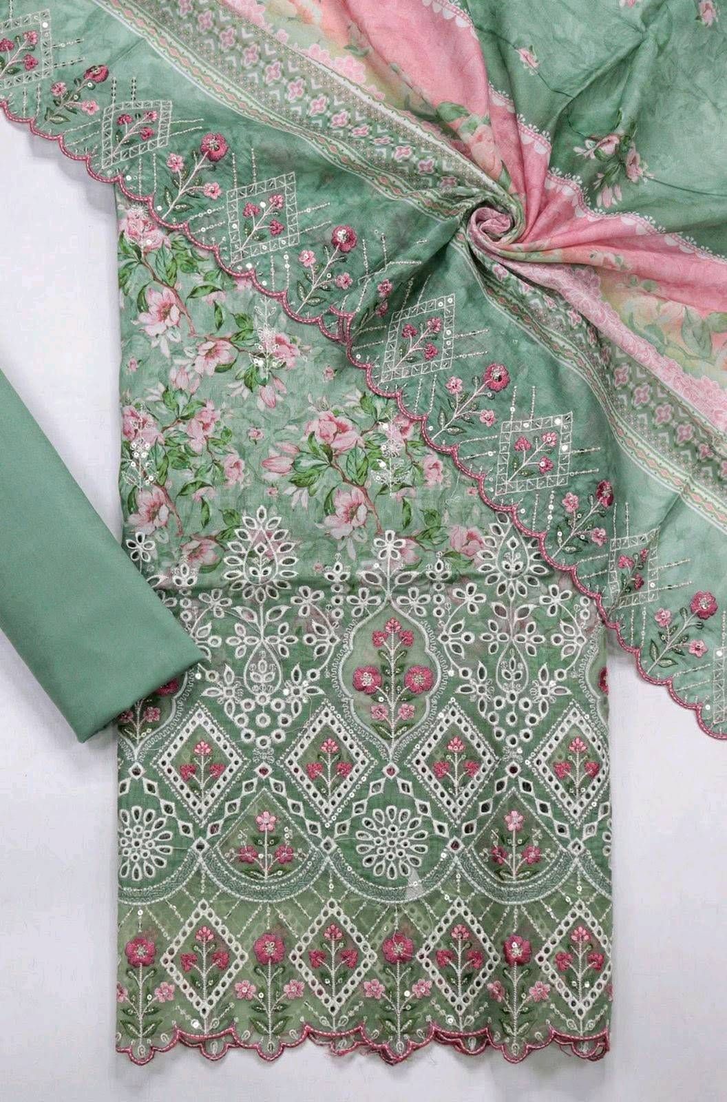 Mint Floral Embroidered Unstitched Ladies Suit